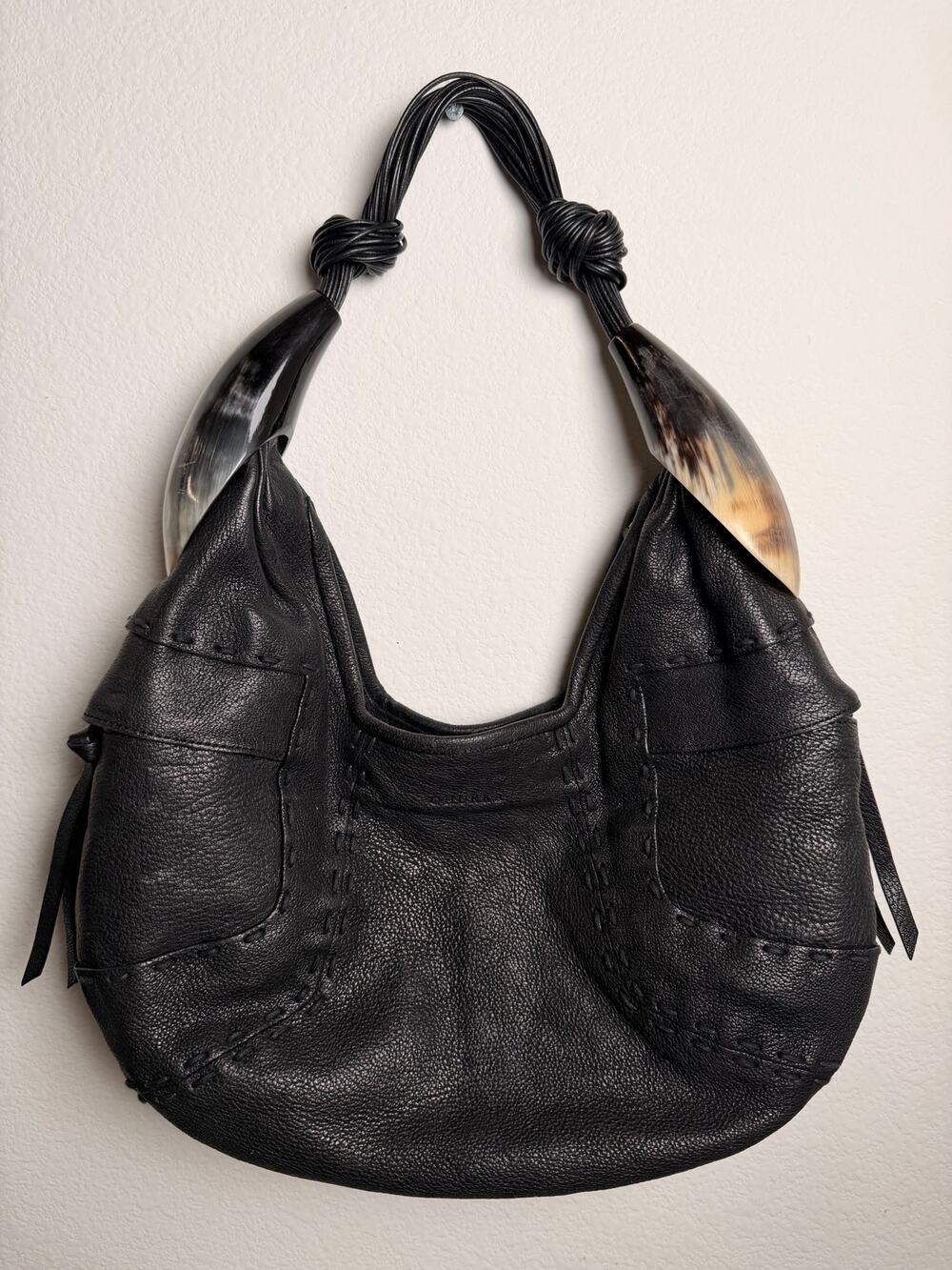 Ghurka Women’s Leather Horn Handle Hobo Handbag Black Rare Luxury Boho